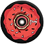 The Chubby Hollowcore 110mm Stunt Scooter Wheel - Devil Doughnut features a black and red donut-inspired design with red icing, sprinkles, and "Chubby" in white script—ideal for stunt riders seeking lightweight performance.