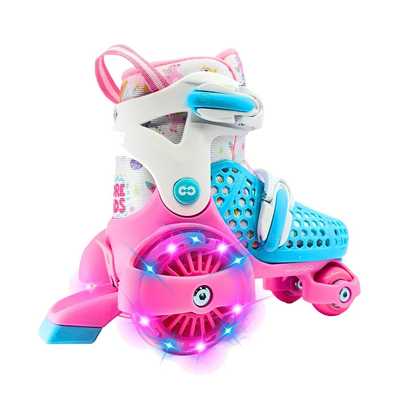 The CORE Kids Newbie LED Adjustable Roller Skates in pink/blue feature a white frame, mesh accents, and bright LED lights; perfect for beginners, they grow with your child's feet.