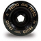 Close-up of a black Proto Gripper Full Core 110mm stunt scooter wheel, featuring gold lettering and the phrase "Proto Murders bearings." This wheel incorporates BUFF Core technology and "Performance Urethane," with "Made in USA" proudly displayed on its side.