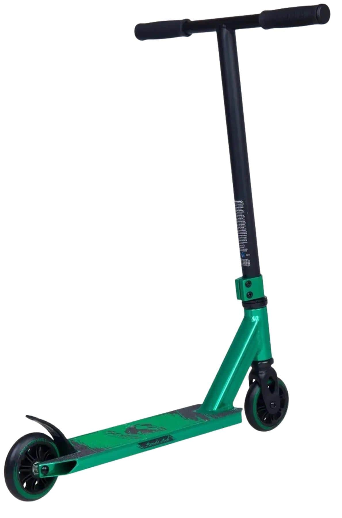The Panda Cub Complete Stunt Scooter - Green by Panda features a T-shaped handlebar, two small wheels, and a flat deck. Ideal for young riders, it stands upright on its own against a white background.