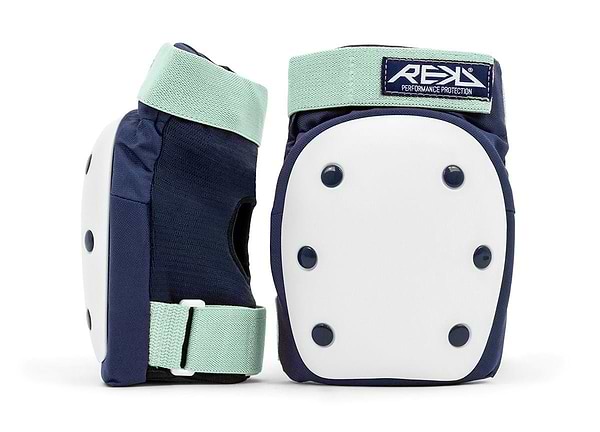 The REKD Heavy Duty Triple Skate Protection Pad Set in blue and mint offers exceptional knee protection. One of the knee pads is shown upright, highlighting the front padding and brand logo, while the other pad displays its side profile along with the fastening mechanism.