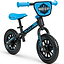 The Madd Gear My 1st BMX Balance Bike in black and blue has "Madd Gear" branding on the front number plate and handlebars. It features airless tires, an adjustable seat, no pedals, and a minimalist frame, ideal for young children learning to ride.
