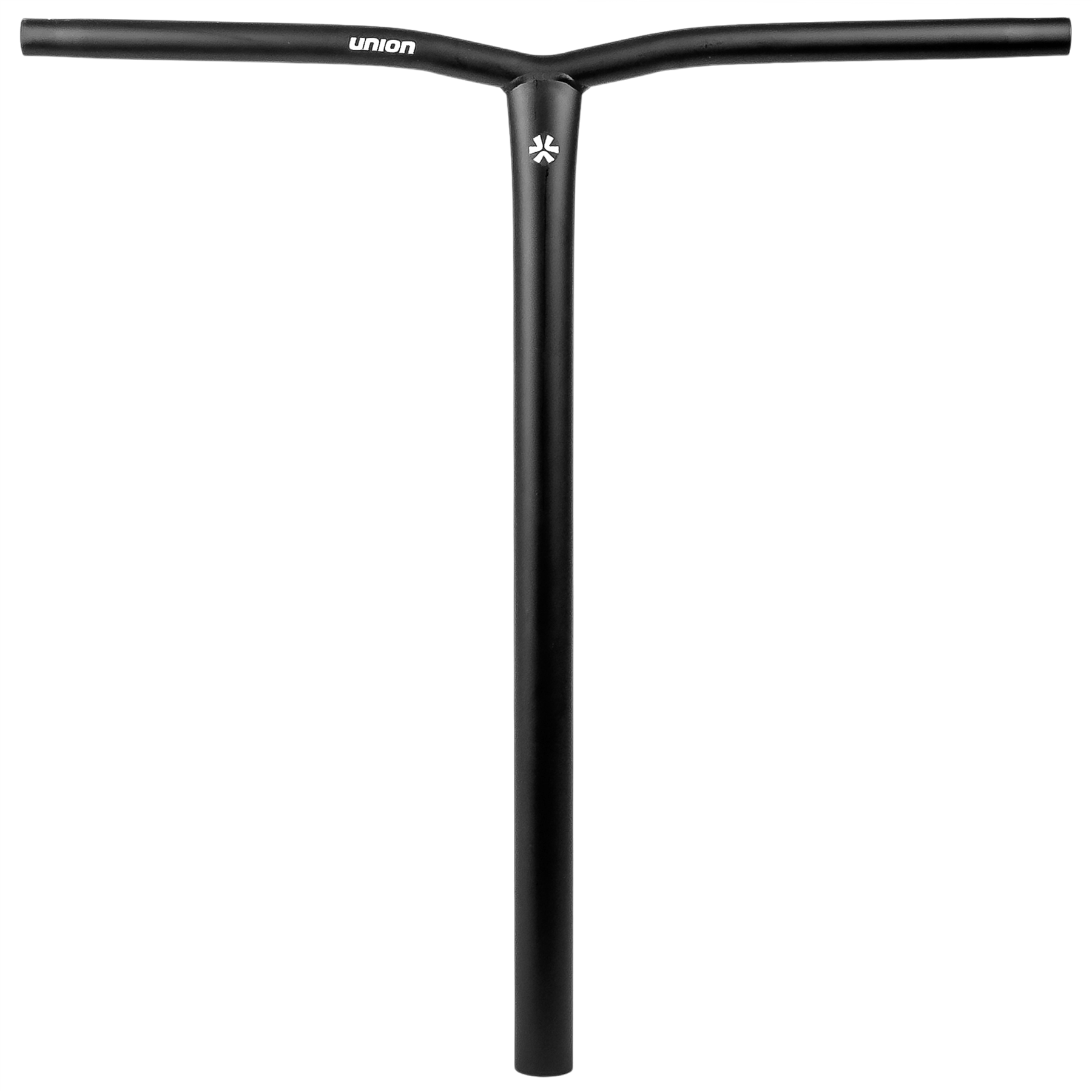 The Union Uniq Bend Steel Oversized HIC Stunt Scooter Bar in black (620mm x 600mm) features a T-shaped design, "Union" branding at the top, and a small star-like logo below the junction. Made from durable Chromoly Steel. Plain white background.