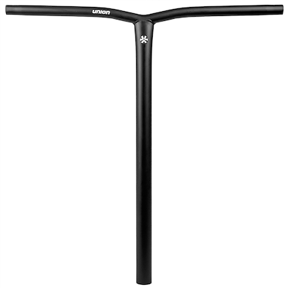 The Union Uniq Bend Steel Oversized HIC Stunt Scooter Bar in black (620mm x 600mm) features a T-shaped design, "Union" branding at the top, and a small star-like logo below the junction. Made from durable Chromoly Steel. Plain white background.