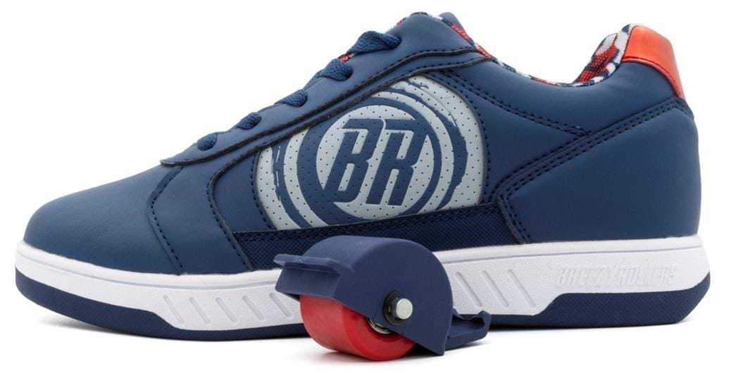 The Breezy Rollers Hero 2 Shoes - Blue by Breezy Rollers feature white and red accents, a prominent "BR" logo, and a removable red heel wheel that lets you easily switch between sneaker and roller shoe.