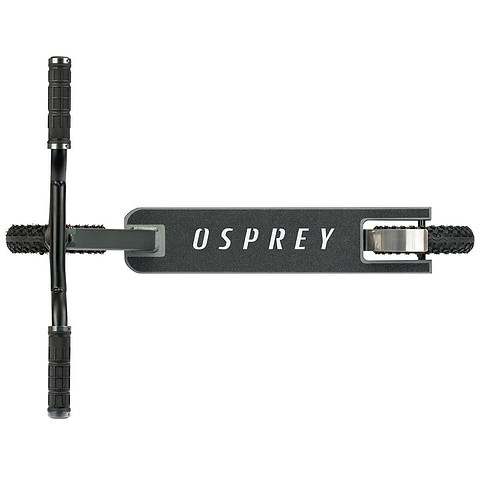 Top-down view of a gun metal grey Osprey Complete Dirt Scooter with wide, knobby pneumatic 200mm wheels, black handlebar grips, and "OSPREY" in white on the deck—built for off-road impacts.