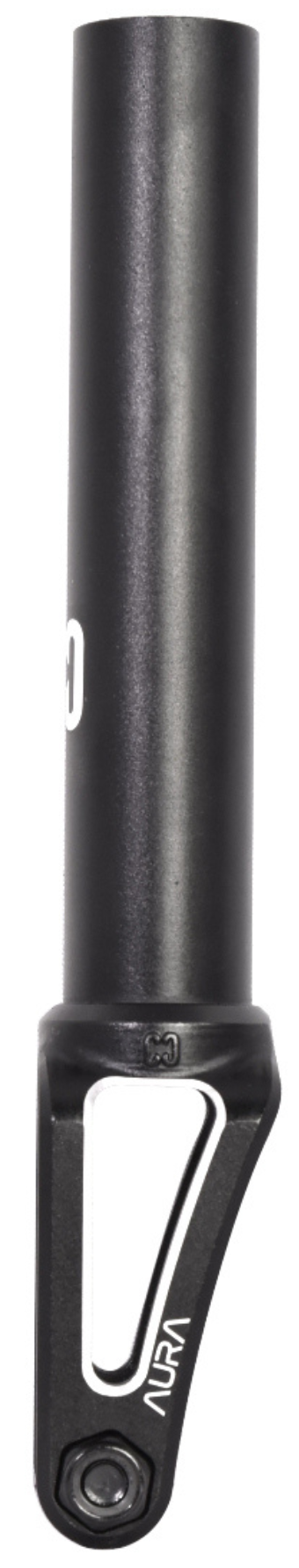 The CORE Aura SCS/HIC Stunt Scooter Forks - Black by CORE are crafted from 7075 Aluminium, featuring a cylindrical shape, cutout design, and mounting bracket with visible screw—ideal for scooter upgrades.