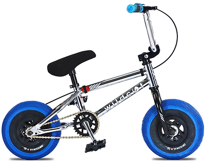 The Wildcat OG 3A Mini BMX Bike - Galaxy Blue is a small chrome BMX with blue PRO Street 65PSI tyres, black seat, blue grips, chromoly steel handlebars, chain drive, and "WILD CAT" on the frame.