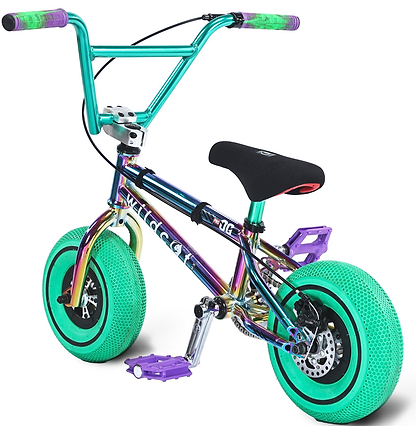The Wildcat OG Pro Mini BMX Bike - Joker Green by Wildcat features a metallic frame, bright green thick tires, purple pedals, green handlebar grips, a black seat, and turbo wheels—shown angled from the front left side.