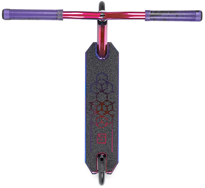 The Sullivan Antic V2 Complete Stunt Scooter - Aurora by Sullivan features a purple and black design, 110mm wheels, and a textured hexagonal deck—ideal for kids who love doing tricks.