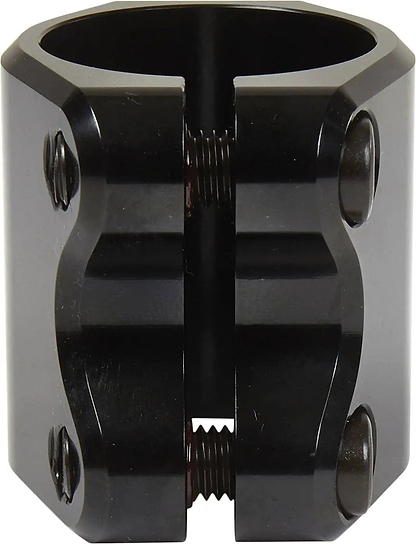A close-up of the Tilt Classic 2 Bolt Oversized Double Stunt Scooter Clamp in black shows its shiny, cylindrical design with two bolts for securing oversized scooter bars. This clamp is from the Tilt brand.