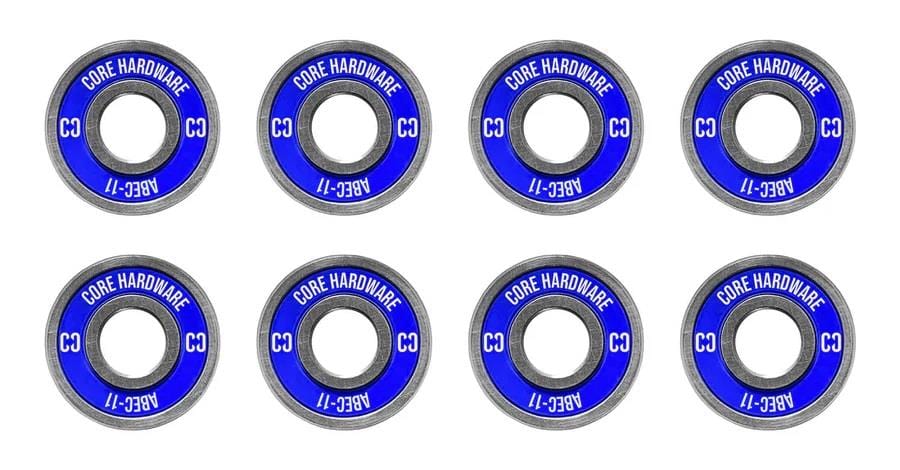 The CORE ABEC 11 Skateboard Bearings - 8 Pack showcases eight high-quality bearings, featuring blue and silver labeling with "CORE HARDWARE" and "ABEC-11" prominently displayed. The sides display "C3," highlighting their precision, all neatly arranged in two rows.