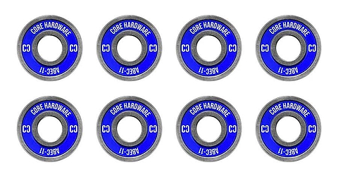 The CORE ABEC 11 Skateboard Bearings - 8 Pack showcases eight high-quality bearings, featuring blue and silver labeling with "CORE HARDWARE" and "ABEC-11" prominently displayed. The sides display "C3," highlighting their precision, all neatly arranged in two rows.