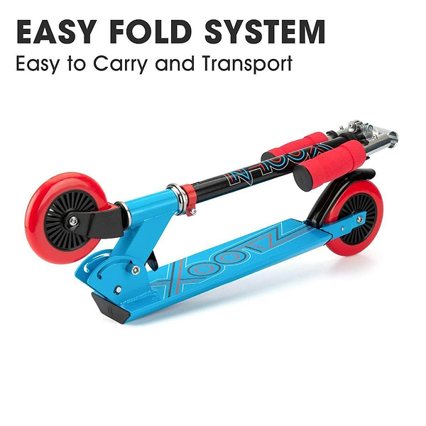 The Xootz Electron Foldable Kids Kick Scooter - Blue features a convenient folding system, adjustable handlebars for a personalized ride, and red wheels. Its deck is adorned with the "Xootz" logo, combining style and practicality for easy carrying and transport.