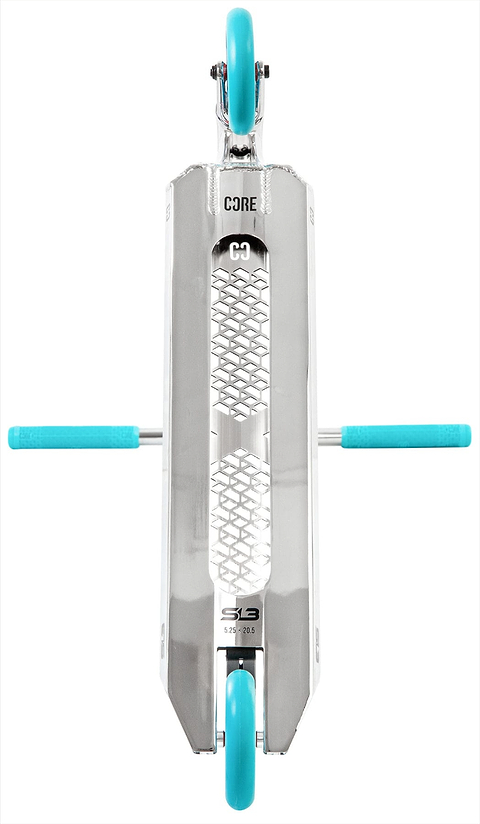 The CORE SL3 Complete Stunt Scooter - Chrome / Teal by CORE is shown from above, highlighting its metal deck with grip pattern, teal handlebar grips, and teal wheels on this lightweight scooter.