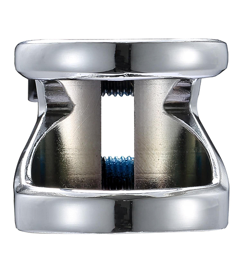 Close-up of a shiny, metallic object with a cylindrical shape, featuring a hollow central section and a threaded interior. The reflective surface suggests it's an aluminum scooter clamp with a two-bolt design, identified as the Blunt Envy Z 2 Bolt Oversized Stunt Scooter Clamp in chrome for machinery or industrial applications.