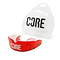 The CORE Skate Protection Mouthguard in red, crafted for maximum protection, prominently features the "CORE" branding. It is presented with a clear storage case that also showcases the "CORE" logo, emphasizing its impact-absorbing properties.