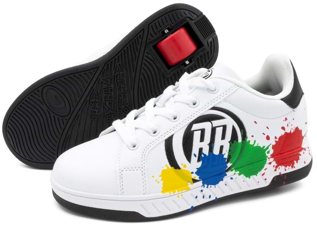 The Breezy Rollers Splash Shoes in white/black/multicoloured feature the Breezy Rollers brand, a circular "RR" logo, colorful paint splatters, and a patented retractable wheel system in the heel for rolling fun.