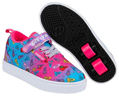 The Heelys Pro 20 X2 Girls Shoes by Heelys feature a heart and planet pattern, low-profile wheels in the sole, white laces, a pink interior, and come in vibrant pink and cyan. One shoe stands upright while the other reveals the sole and wheels.