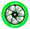 The Slamm Team 110mm Stunt Scooter Wheel in green features black bearings, six silver spokes, “Super High Density” and “110mm BBA” in white on the rim, and high-rebound PU for superior performance.