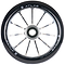 A close-up of the Ethic DTC Atlas 110mm Stunt Scooter Wheel - Raw shows its black and silver finish, ten metal spokes, central bearing, and white Ethic branding with size details on the lightweight rim.
