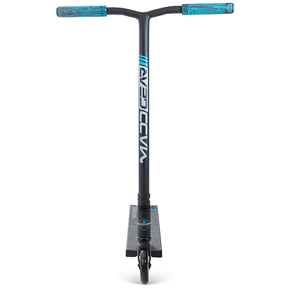 The Madd Gear MG 3 Zen Complete Stunt Scooter in black and blue is shown from the front, featuring a durable one-piece steel T-bar with blue grips, a sturdy deck, high-speed ABEC-7 Chrome bearings, and "Madd" vertically printed.