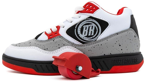 The Breezy Rollers Jumper Shoes by Breezy Rollers, in white, grey, and red, feature a patented heel wheel system for walking or rolling. Displayed on a white background.