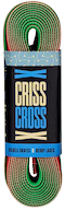 A package of Criss Cross X Derby Laces Quad Roller Skate Laces in black, green, and red by Criss Cross, featuring durable flat skate laces bundled with a branded label.