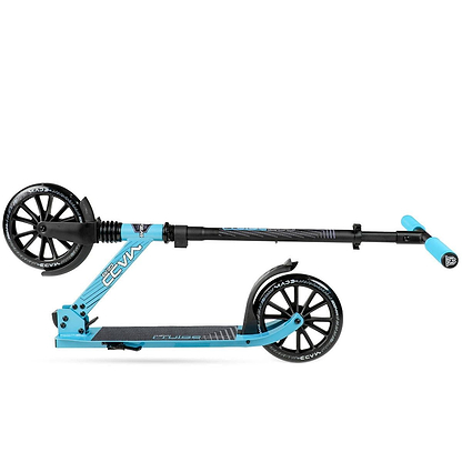 The Madd Gear Metro Cruise 250 Foldable Commuter Scooter in black and blue features large wheels and a compact folded design for easy carrying or storage—ideal for daily commuting.