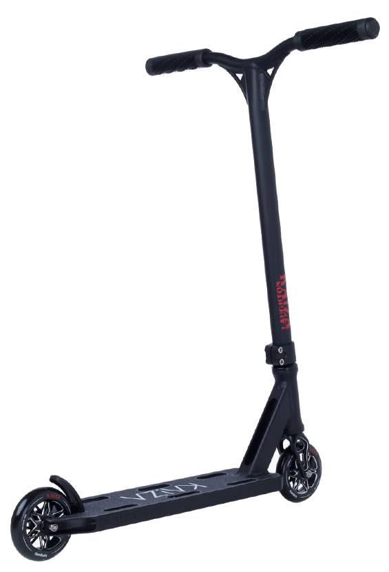 The Longway Kaiza Complete Pro Stunt Scooter - Black by Longway features a wide handlebar, slim deck, small wheels, and rear fender brake—superlight and ideal for tricks and freestyle skatepark riding.