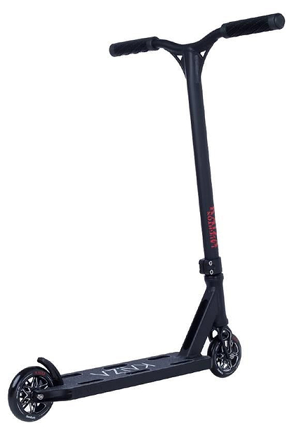 The Longway Kaiza Complete Pro Stunt Scooter - Black by Longway features a wide handlebar, slim deck, small wheels, and rear fender brake—superlight and ideal for tricks and freestyle skatepark riding.