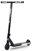 The Legacy Fade Complete Stunt Scooter by Legacy features a black and grey design with white graphics, wide patterned grips, small black wheels, and a flat "FAZE"-labeled deck—ideal for beginners at the skatepark. Photographed on a white background.