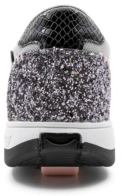 Close-up of the Breezy Rollers Star Shoes - Silver / Grey by Breezy Rollers, featuring a glittery heel, gray and black mesh upper, white midsole with black and pink accents, and a patented wheel system for smooth transitions.