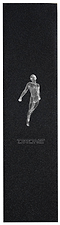 A sleek black Drone Stunt Scooter Griptape - Flying, showcasing a white line-drawn figure in motion with "DRONE" boldly underneath, is perfect for stunt riders and ideal for Drone enthusiasts.