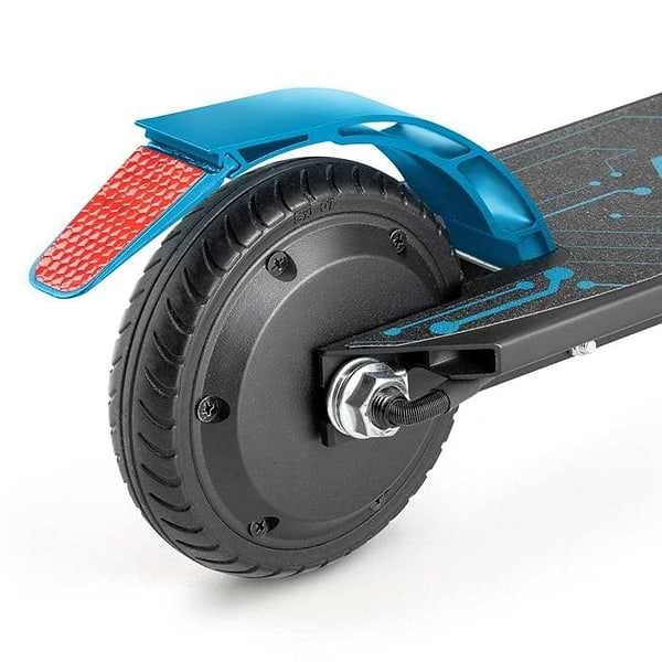 Close-up of the rear wheel of the Xootz Enigma Lithium Electric Scooter - Blue, highlighting its blue fender, red reflector, and part of the black deck with blue accents—showcasing its stylish Xootz design.