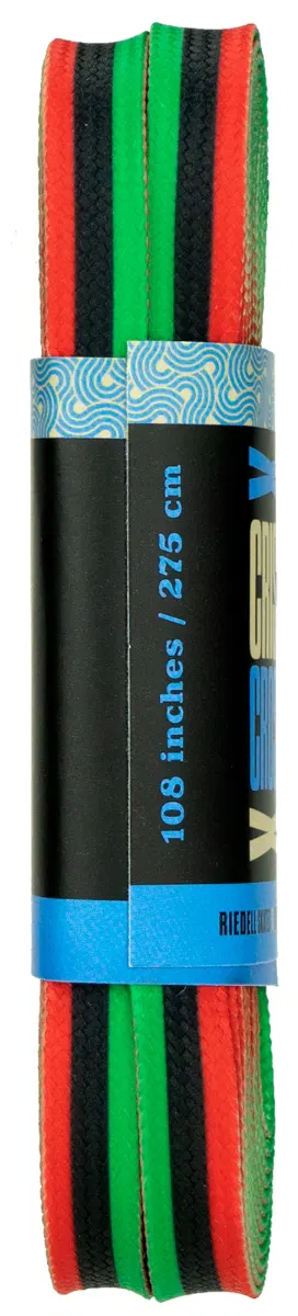 Criss Cross X Derby Laces Quad Roller Skate Laces by Criss Cross include three 108-inch laces in black, green, and red, bundled with a black and blue band marked in inches and centimeters—ideal for quad skate needs.