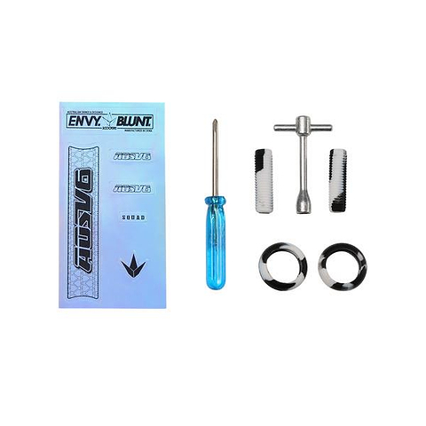 A set of Blunt Envy AOS V6 Finger Scooter - Oil Slick Neochrome parts and tools, including stickers, a blue screwdriver, T-tool, two black and white grips, and two black and white hollow rings on a white background.