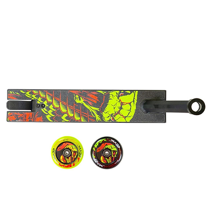 Top view of the Madd Gear MG 2 Obsidian Complete Stunt Scooter - Venom by MGP, showcasing a vibrant dragon scale deck and two wheels—one yellow, one black—with matching graphics and high-speed ABEC-5 chrome bearings.