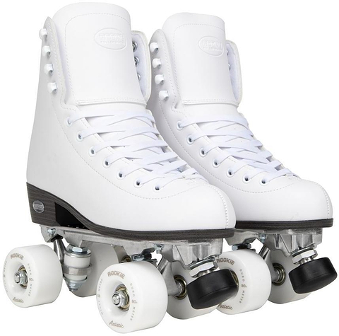 The Rookie Artistic Quad Roller Skates - White by Rookie feature vegan leather, white laces, metal trucks, and white wheels, displayed side by side on a clean white background.