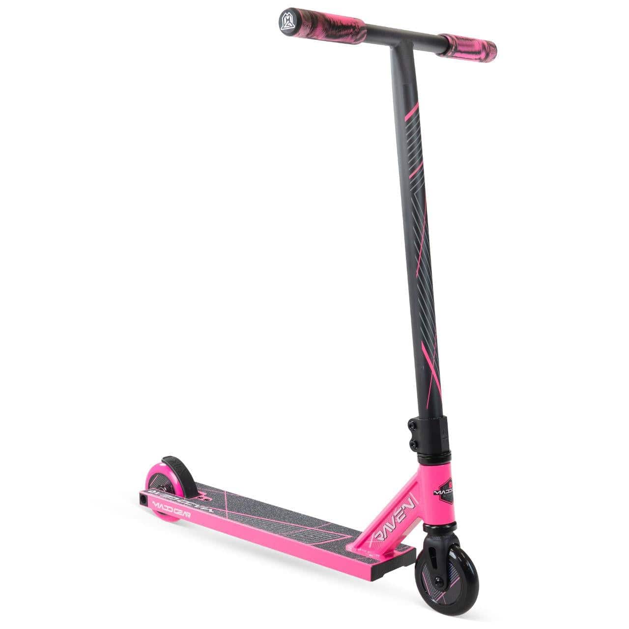 The Madd Gear MG 1 Raven Complete Stunt Scooter - Pink / Black by MGP features a lightweight, durable aluminum deck, sturdy frame, small wheels, and a textured footplate—ideal for tricks and stunts.