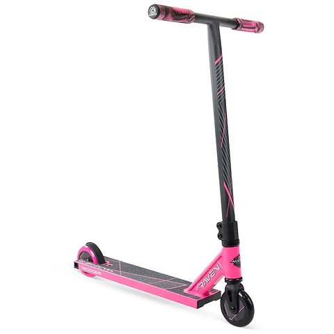 The Madd Gear MG 1 Raven Complete Stunt Scooter - Pink / Black by MGP features a lightweight, durable aluminum deck, sturdy frame, small wheels, and a textured footplate—ideal for tricks and stunts.