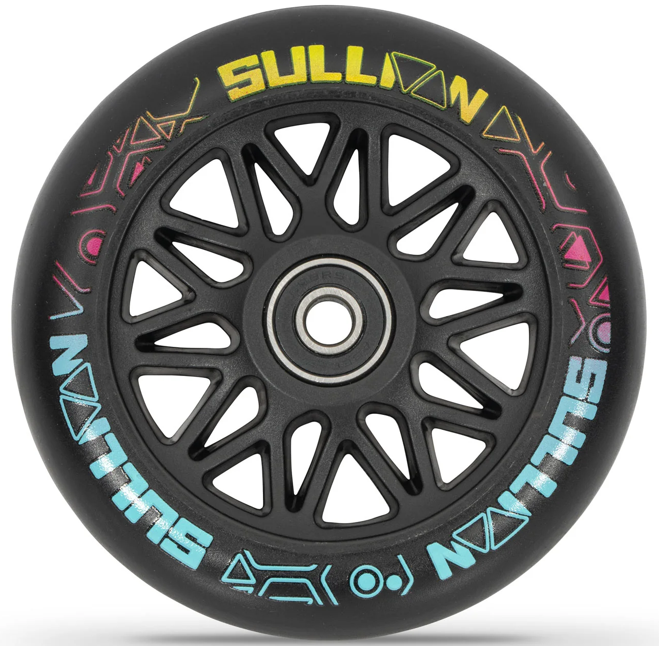 The Sullivan Antic V2 Complete Stunt Scooter in Oil Slick Neochrome features a black wheel with a spoke pattern, colorful geometric designs, and “SULLIVAN” in yellow, white, and blue gradient on the outer edge.
