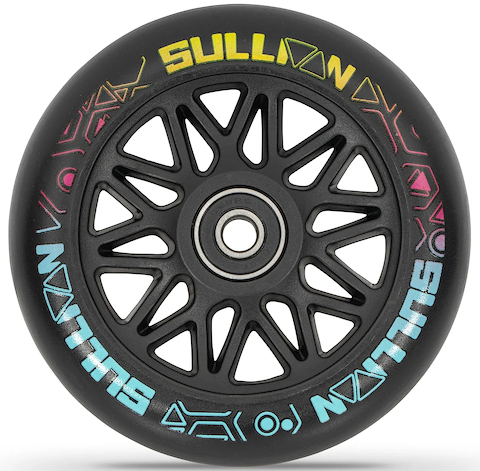 The Sullivan Antic V2 Complete Stunt Scooter in Oil Slick Neochrome features a black wheel with a spoke pattern, colorful geometric designs, and “SULLIVAN” in yellow, white, and blue gradient on the outer edge.