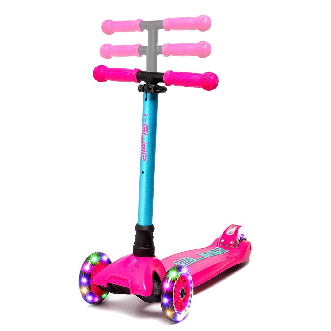 The i-Glide 3-Wheel LED Kids Scooter in Pink/Aqua is a top choice among children's scooters, featuring adjustable handlebar heights and wheels that light up with LEDs. This trendy scooter offers three customizable handlebar positions, and its striking pink deck has a robust design ideal for young riders.