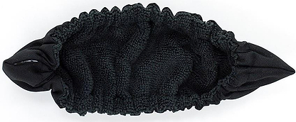 A black, textured, oval-shaped headband resembles an SFR Ice Skate Blade Soaker with elastic edges and knotted ends, laying flat on a white background.