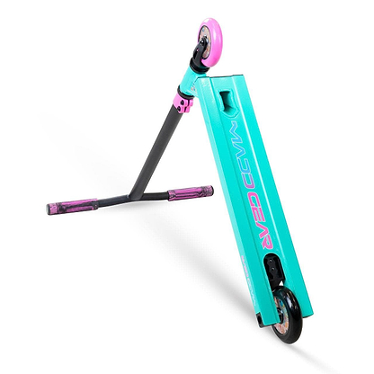 The Madd Gear (MGP) MG 2 Obsidian Complete Stunt Scooter - Sugar Rush features a turquoise and pink deck, black handlebars with purple grips, and pink wheels—ideal for kids 5+, shown against a clean white background.