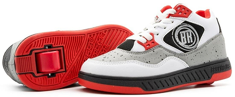 Breezy Rollers Jumper Shoes in white, grey, and red with black accents feature a patented wheel system in the sole, letting you skate or walk effortlessly. Stylish sneakers by Breezy Rollers for smooth transitioning between walking and rolling.