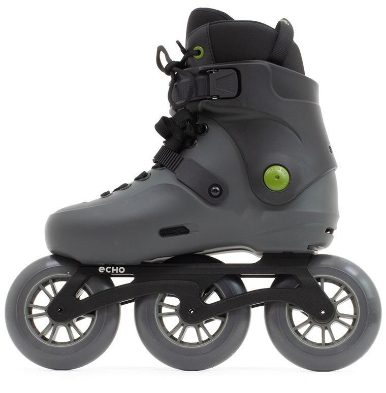 The Echo Sonar 3 Wheel Inline Freeskate by Echo features a gray boot, black frame, and black buckles. Designed for urban skating, this single skate is shown from the side on a white background.