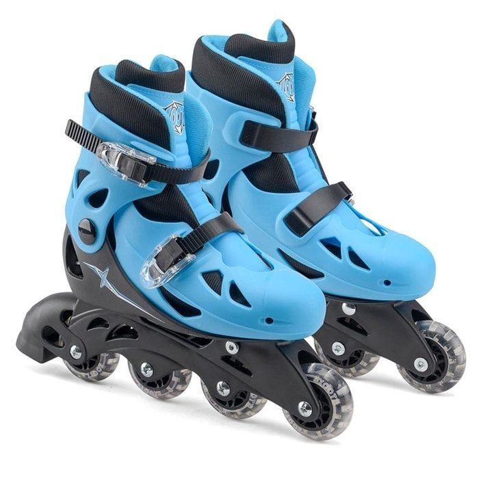 The Xootz Adjustable Inline Roller Skates - Blue, ideal for beginner skaters, boast a striking blue design with black frames and four wheels. These adjustable size skates include secure straps and ventilation holes for optimal comfort during your ride.