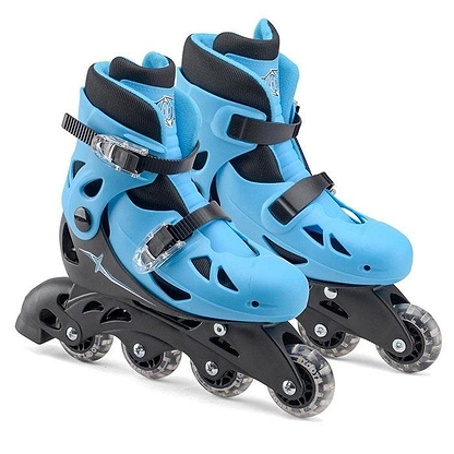 The Xootz Adjustable Inline Roller Skates - Blue, ideal for beginner skaters, boast a striking blue design with black frames and four wheels. These adjustable size skates include secure straps and ventilation holes for optimal comfort during your ride.